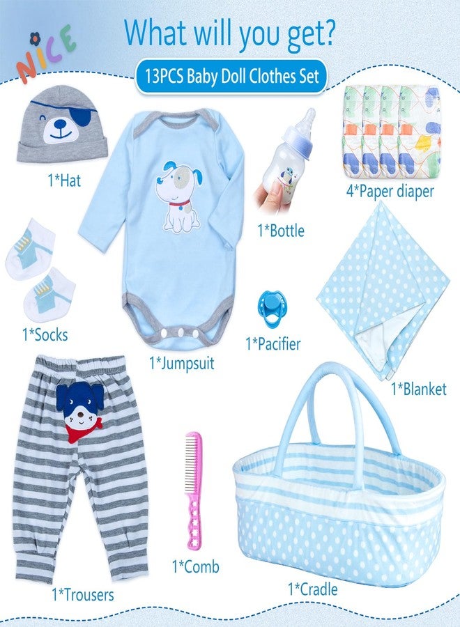 PEDOLLTREE Reborn Baby Dolls Clothes Boy Blue Dog Outfit Accessories 13 Pcs for 17-22 Inches Reborn Doll Newborn Boy with Blue Dot Bassinet - Image 2
